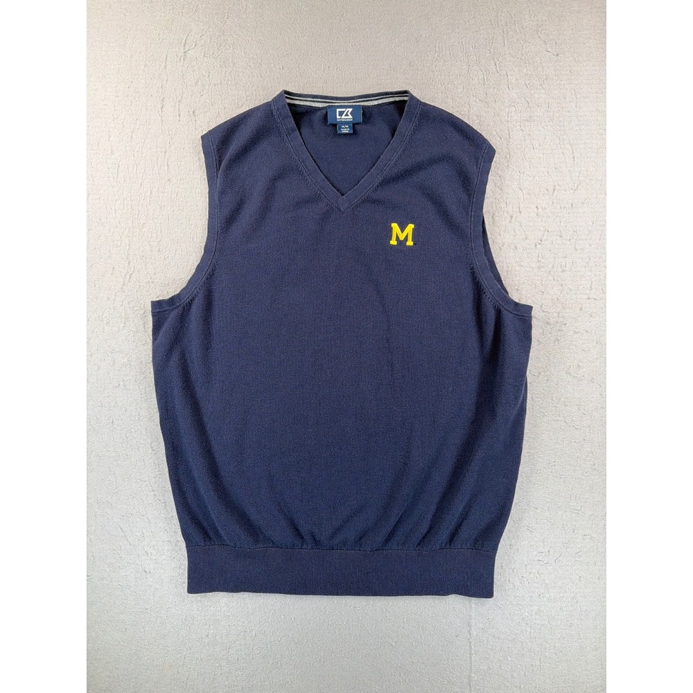 Cutter & Buck Mens Michigan Wolverines V-Neck Sweater Vest Navy Blue Size Medium